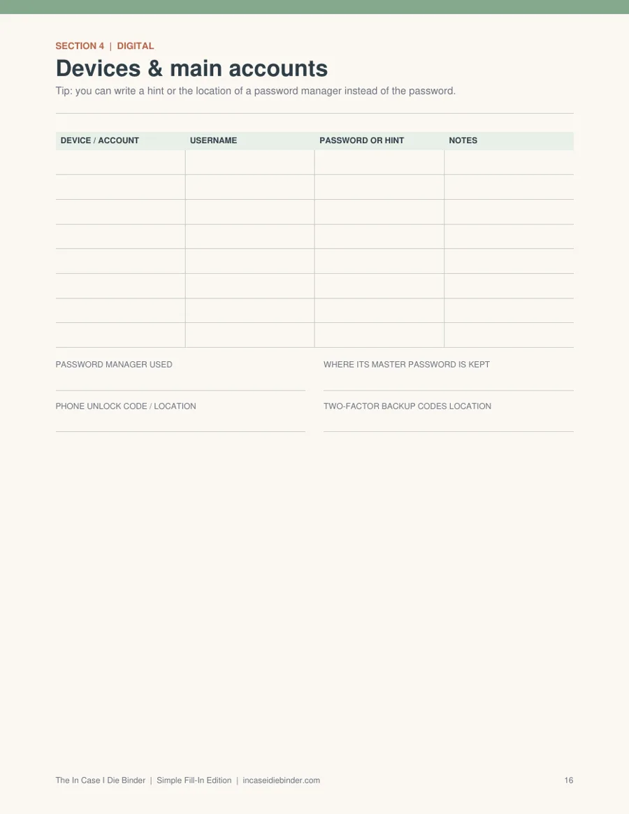 Passwords and devices page