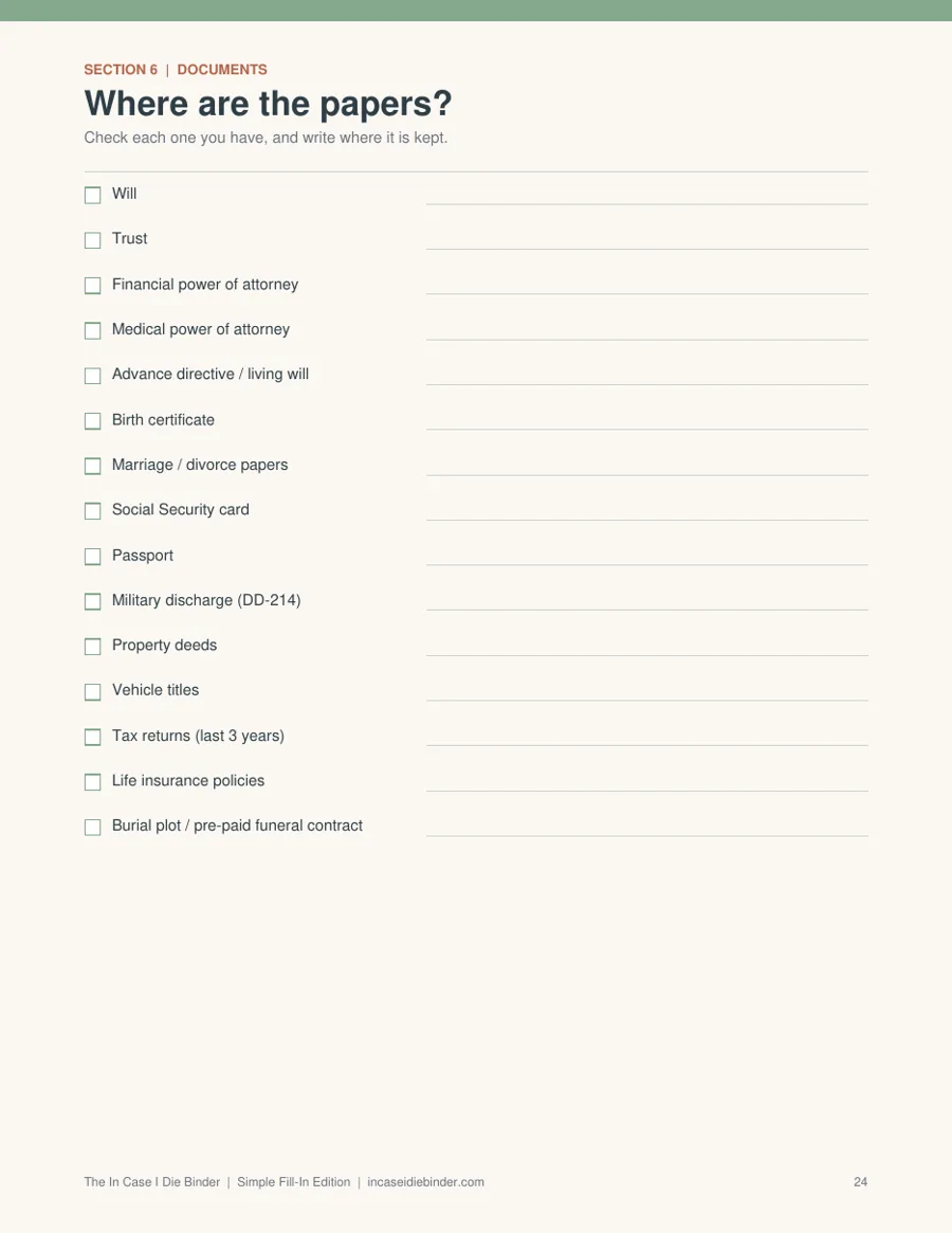 Important documents checklist page