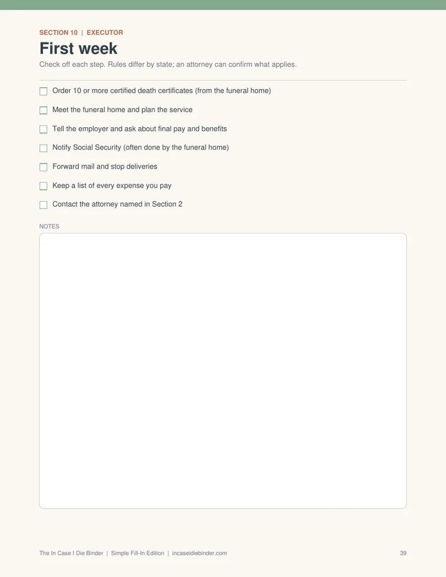 Printable Checklist After Death of Spouse sample page