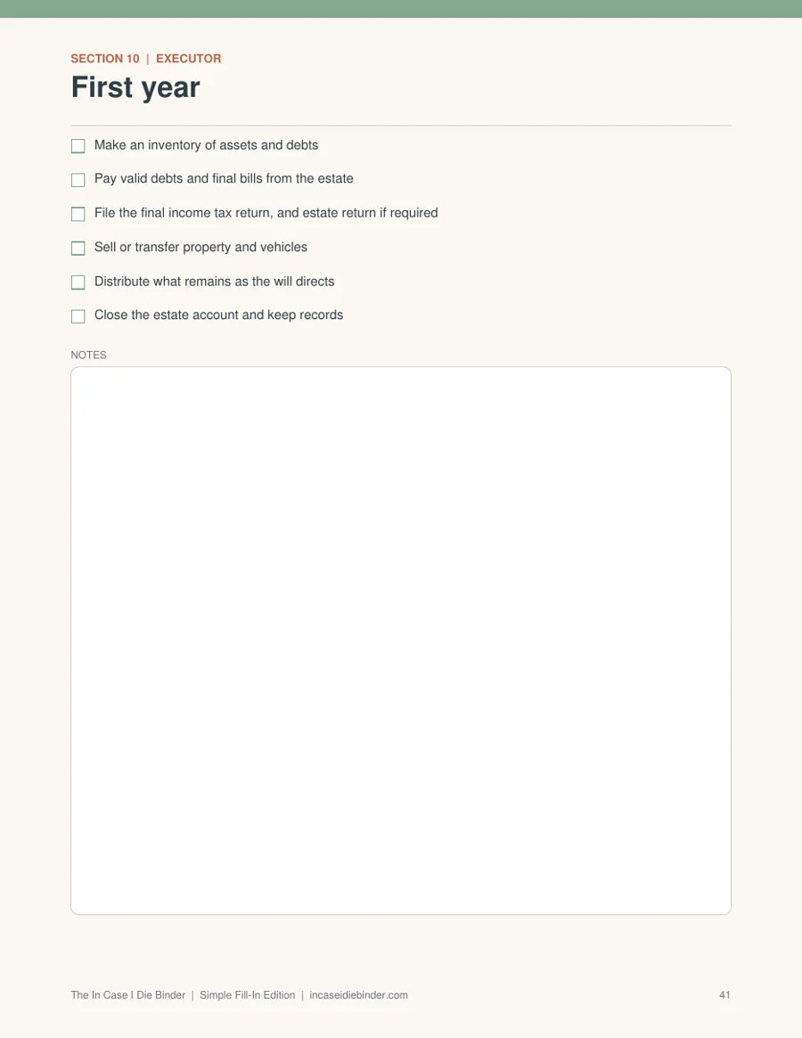 Executor Checklist PDF sample page